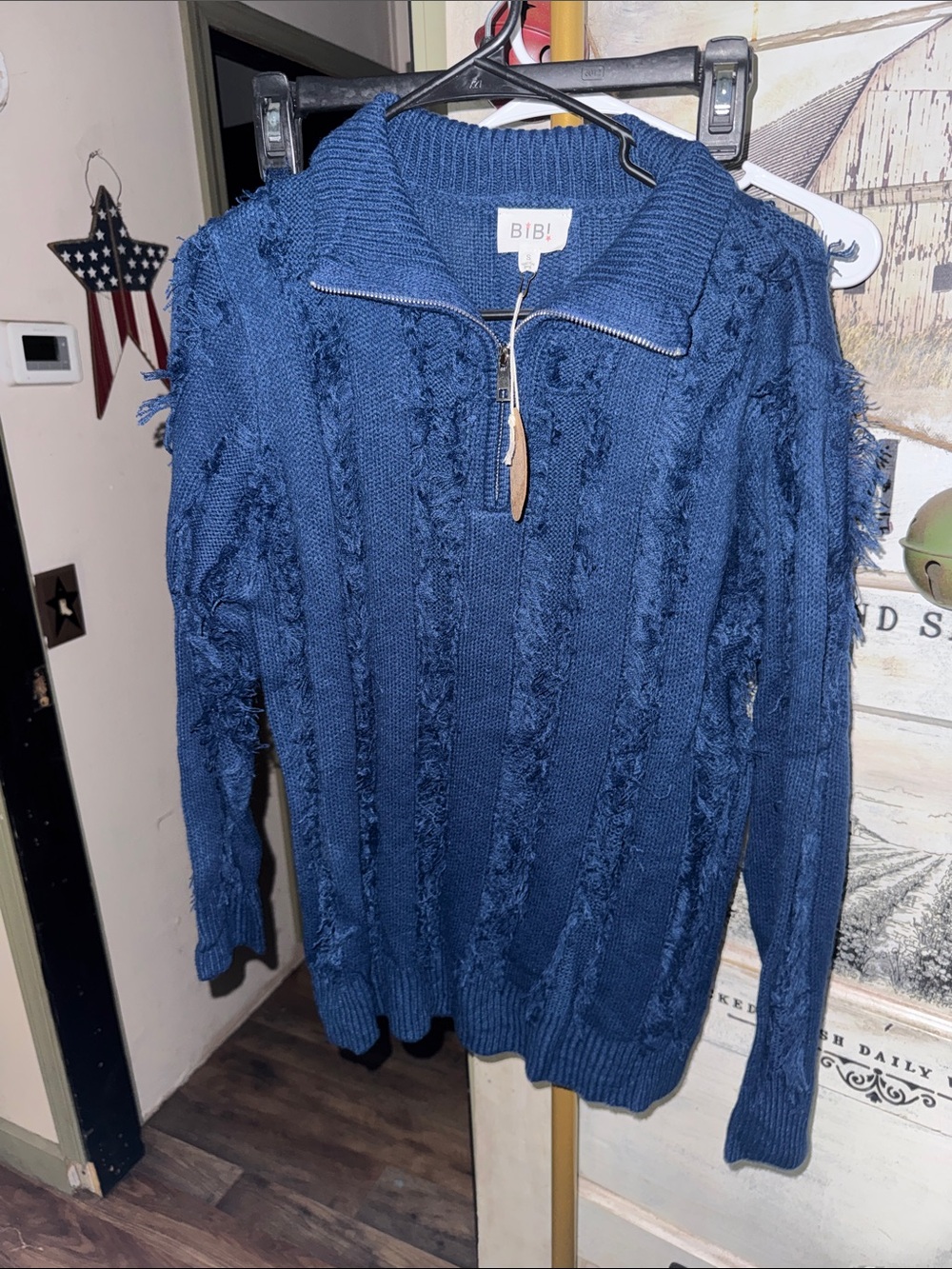 BiBi Navy Blue Frayed Cable-Knit Zip Mock Neck Sweater